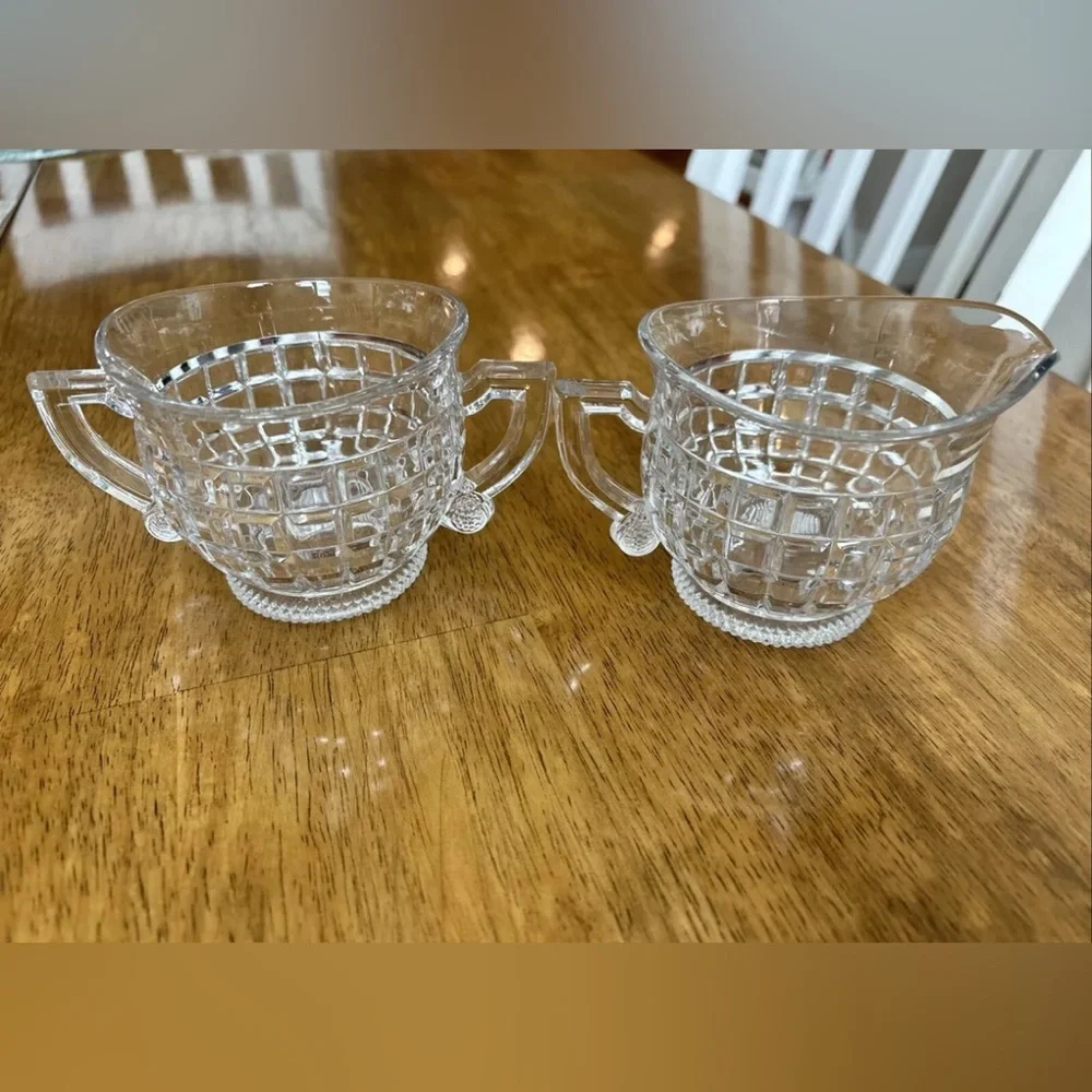 Vintage Heisey Glass Clear Victorian Creamer & Sugar Bowl Handles USA Excellent!
